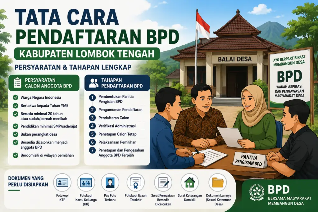 Ilustrasi tata cara pendaftaran BPD Kabupaten Lombok Tengah lengkap dengan persyaratan calon anggota, tahapan pendaftaran, dan dokumen yang harus disiapkan.