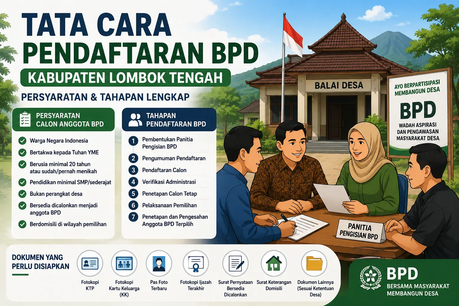 Ilustrasi tata cara pendaftaran BPD Kabupaten Lombok Tengah lengkap dengan persyaratan calon anggota, tahapan pendaftaran, dan dokumen yang harus disiapkan.