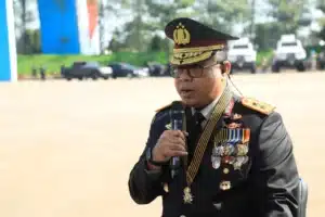Suasana upacara peringatan Hari Bhayangkara ke-80 oleh kepolisian yang digelar di Satlat Korbrimob Cikeas.