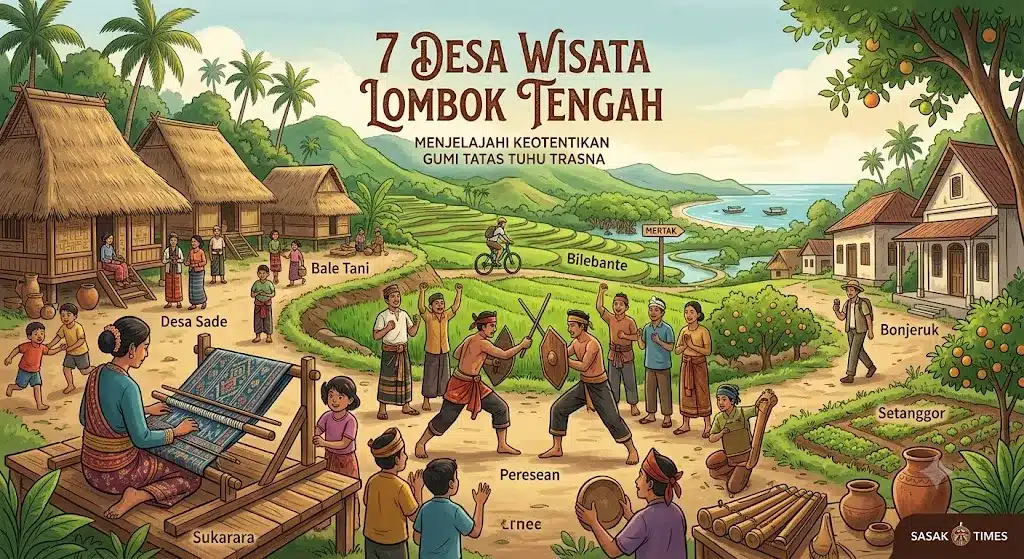 Pemandangan aktivitas masyarakat dan rumah adat tradisional di desa wisata Lombok Tengah.