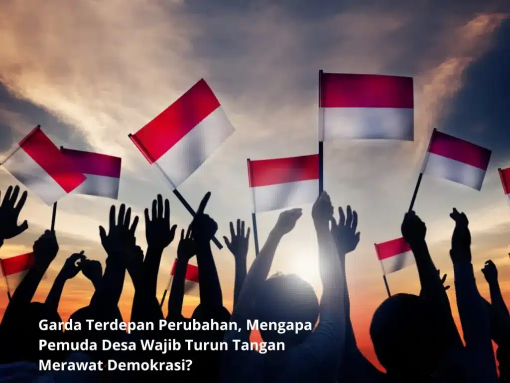 Ilustrasi pemuda desa yang sedang berdiskusi aktif mengawal kebijakan dan merawat demokrasi di balai desa.