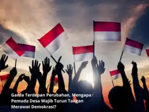 Ilustrasi pemuda desa yang sedang berdiskusi aktif mengawal kebijakan dan merawat demokrasi di balai desa.